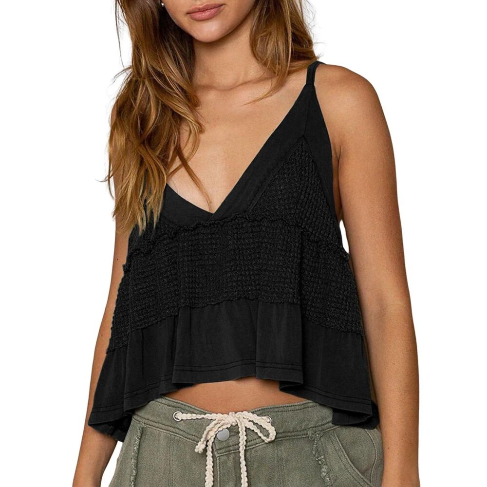 Spaghetti Strap Waffle Knit Crop Boho Tank Top, SMALL, 8L-171T002